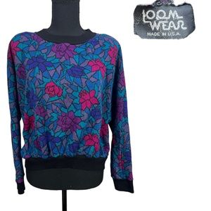 VTG 80's LOOM WEAR Floral Colorful Stained Glass Look Pull Over Sweater Fits M/L